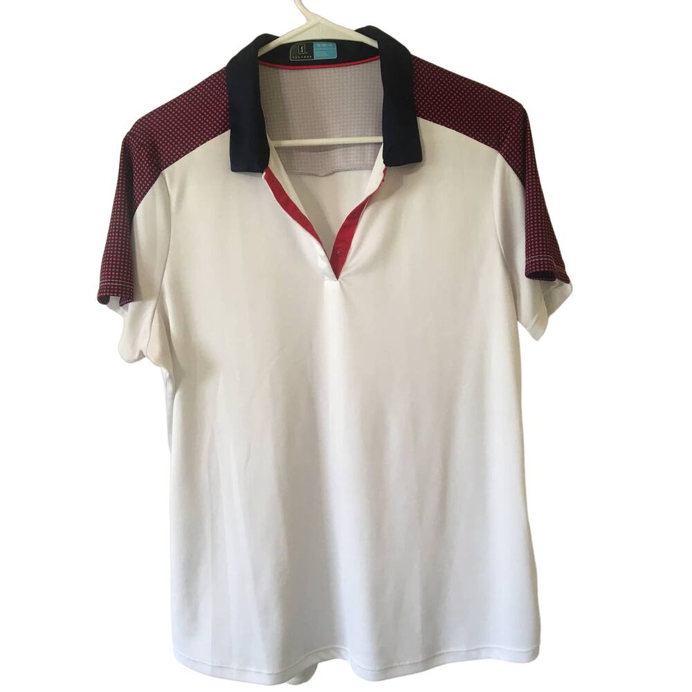 PGA Tour XL Women’s V-neck Navy and Red on White Polo Top